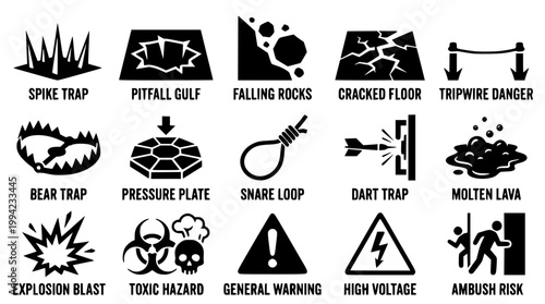 Collection of vector graphic icons representing various dangerous traps and hazards