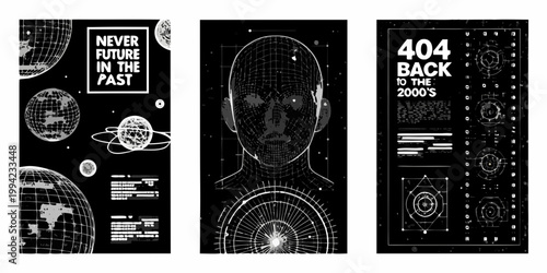 Futuristic digital art triptych featuring planets code and a robotic face