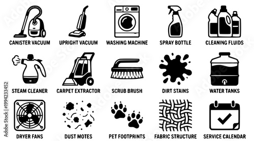 Set of black vector cleaning equipment icons for home maintenance