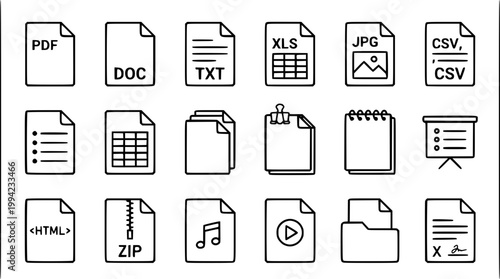 Hand drawn collection of various file format vector icons