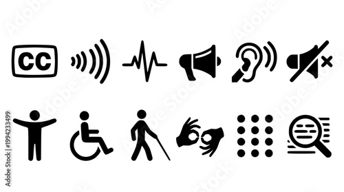 Collection of accessibility and communication icons in black vector graphic