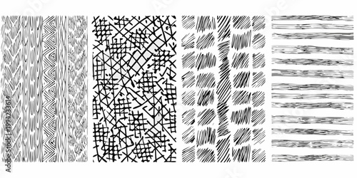 Four vertical panels displaying abstract black and white line patterns