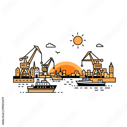 Industrial port with cargo ships and harbor cranes line art