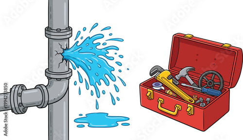 Burst pipe repair concept, leaking water pipeline with toolbox tools, plumbing service vector illustration emergency maintenance