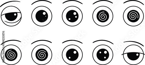 Cartoon eye icon set, hypnotic spiral pupils collection, funny eyeball symbols, isolated vector design pack