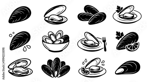 Black and white vector illustration set of fresh mussels