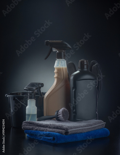 Cleaning supplies arranged on a folded towel and blue cloth