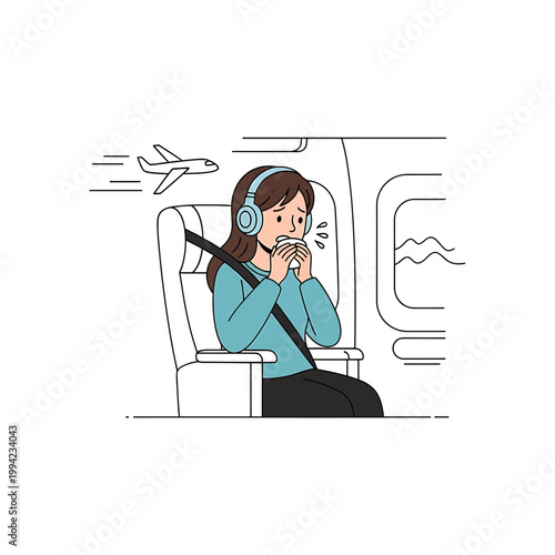 Woman suffering from fear of flying and motion sickness illustration