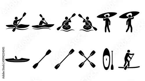 Set of black vector icons showing people kayaking and paddling