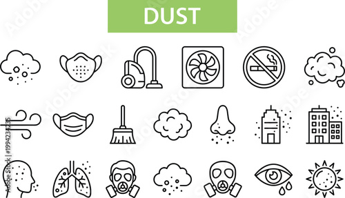 Dust and air pollution line icon set featuring cleaning tools, allergens, respiratory protection and environmental contamination symbols