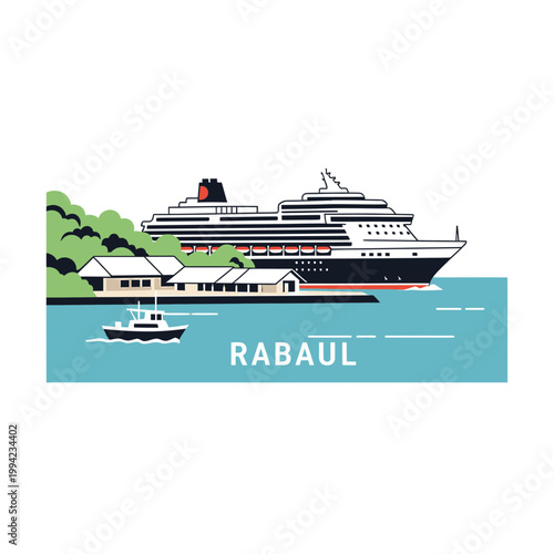 Minimalist vector illustration of a cruise ship in Rabaul harbor