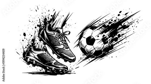 Dynamic soccer boots kicking a ball in motion vector illustration