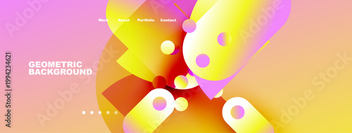 Abstract design features vibrant circles, gradients, soft pink hues. Menu options present work, about, portfolio, contact details.