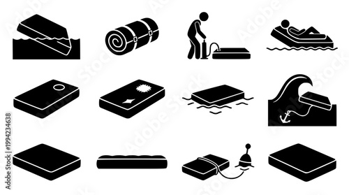 Set of black vector icons representing various inflatable air mattresses