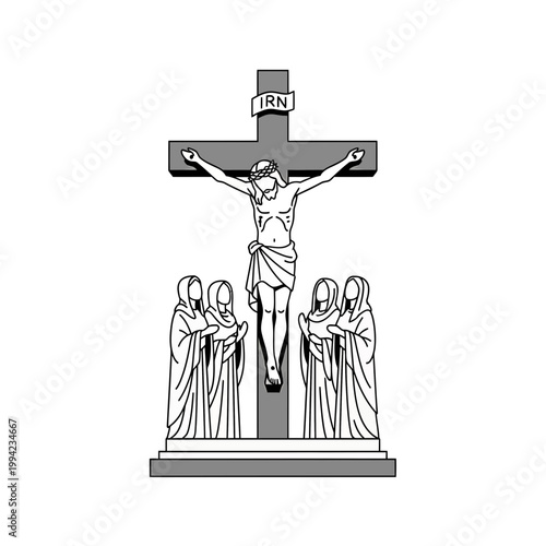 Christian crucifixion illustration with figures mourning at the cross