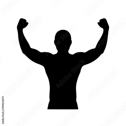Silhouette of muscular man with arms raised in a gesture of triumph