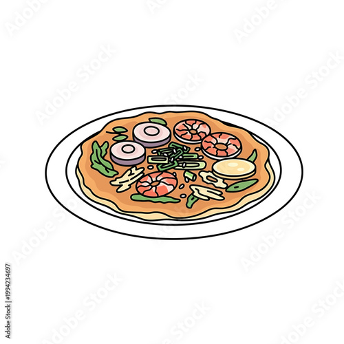 Seafood savory pancake with shrimp and squid vector illustration