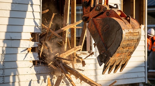 Close up of an orange excavator bucket smashing a white wooden house wall during demolition with flying splinters
