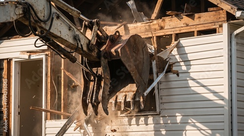 Close up of a hydraulic excavator bucket tearing down a white residential house wall during demolition