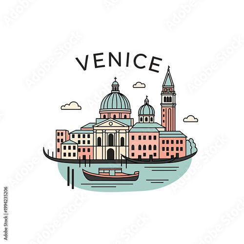 Venice Italy travel landmark vector illustration with gondola