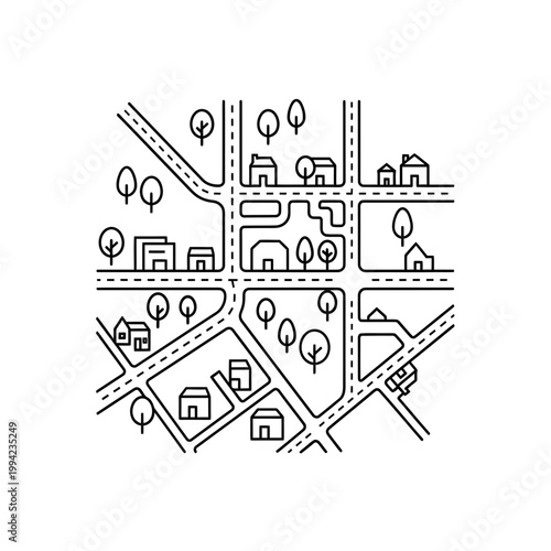 Minimalist line art neighborhood map illustration with houses and trees