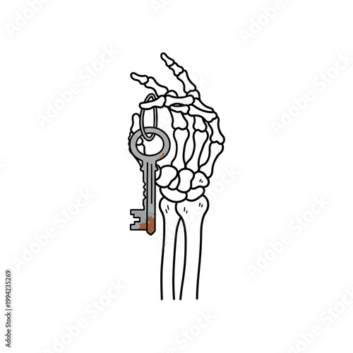 Skeleton hand holding a rusty key minimalist vector illustration