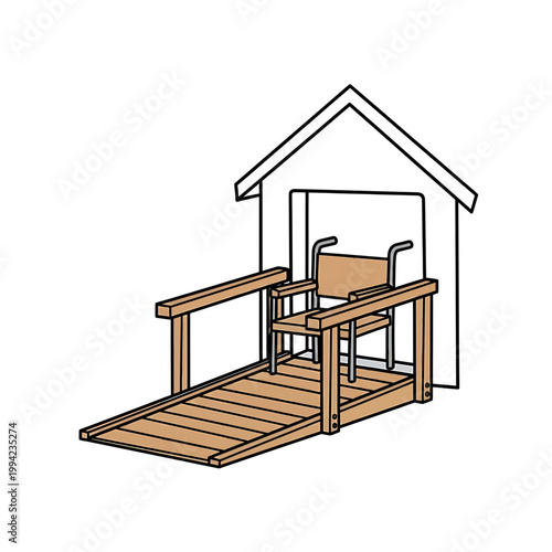 Wooden wheelchair ramp leading to house entrance illustration