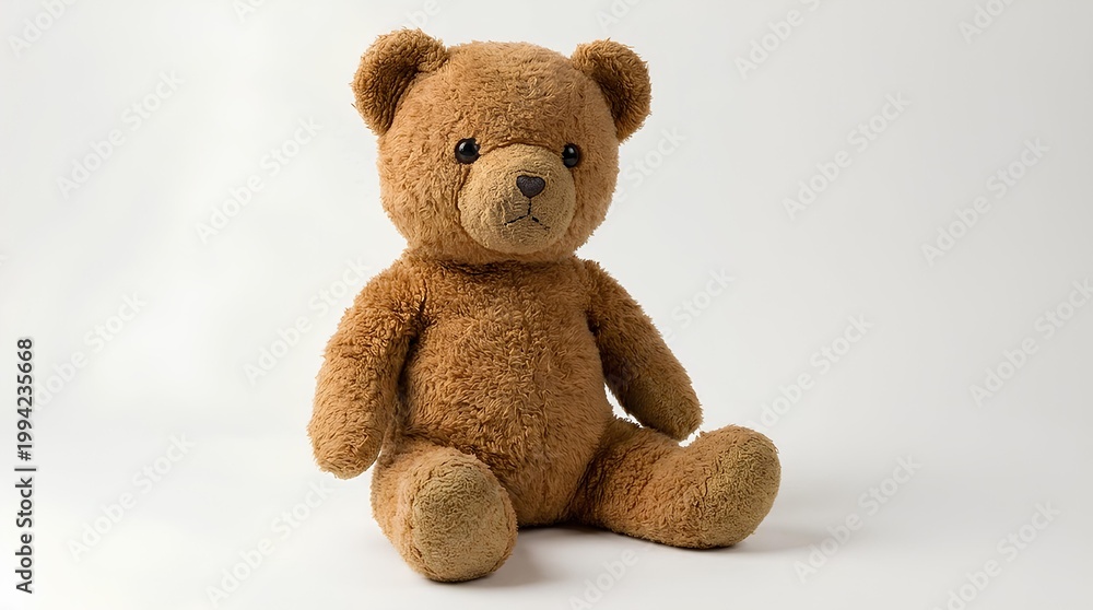 Obraz premium Brown teddy bear plush toy, sitting pose, soft lighting, isolated on plain white background