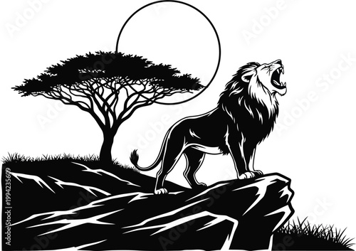 Black silhouette of a roaring lion on a rocky outcrop under a circular shape and an acacia tree lion roaring silhouette