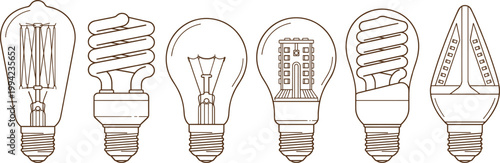 Light bulb set, vintage filament LED lamp collection, energy saving illumination icons, outline vector design pack