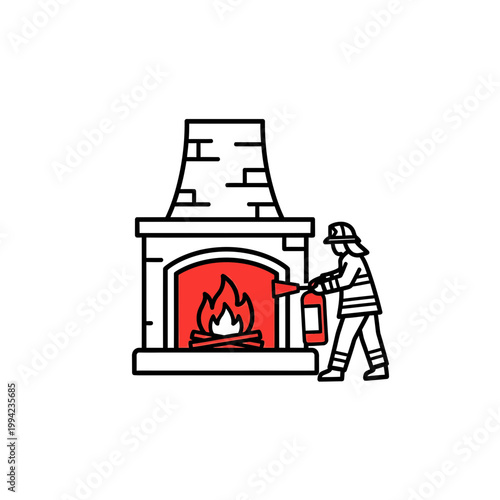 Firefighter using extinguisher to put out house fireplace fire