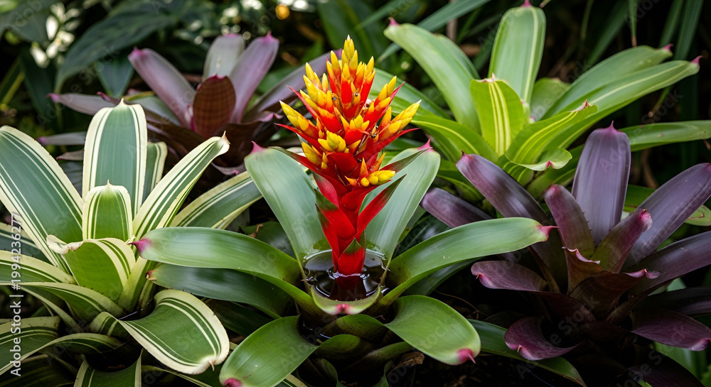Obraz premium Vibrant Bromeliad Flower Surrounded by Green and Purple Foliage in a Lush Botanical Garden Setting