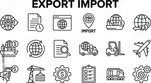 Export import logistics icons set with global trade shipping cargo transport customs and international business symbols vector