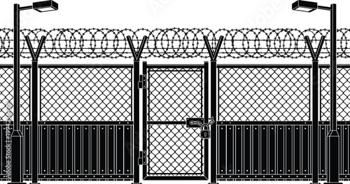 Security fence gate set, barbed wire perimeter barrier collection, industrial protection vector design pack illustration
