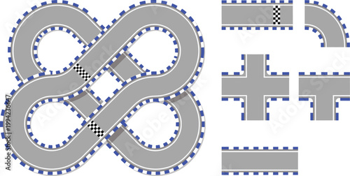 Toy race track set, road circuit pieces collection, winding highway game vector design pack bundle