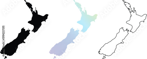 Set of New Zealand Map Illustrations featuring Black Silhouette, Thin Line Outline, and Colorful Pixelated Dotted Gradient Versions for Graphic Design and Infographics.