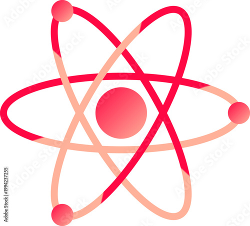 Red gradient atomic symbol featuring central nucleus and orbiting electrons representing modern science and nuclear