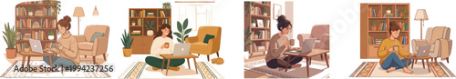 Set young woman works from home while sitting cross-legged on the floor with a laptop placed on a low table, holding a coffee mug in a cozy and peaceful interior with a bookshelf and furniture 