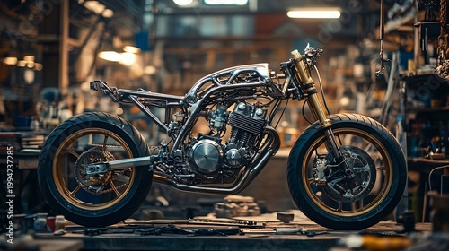 A custom motorcycle frame in progress during fabrication within a well-lit workshop environment showcasing detailed mechanical assembly with tools and equipment around it emphasizing craftsmanship.