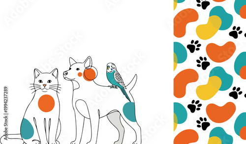 Minimalist pet shop vector illustration, line art cat dog and budgie bird with colorful spots, seamless paw print pattern for veterinary branding