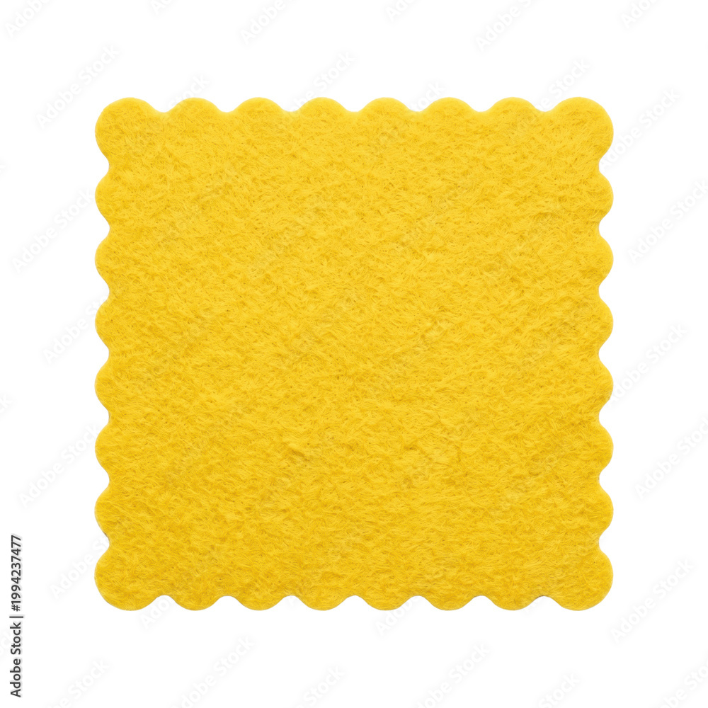 Fototapeta premium Yellow textured scalloped square top view isolated. Craft label mockup.