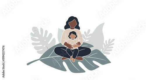 Mother holding her child, surrounded by tropical leaves, illustration of love, care and family connection