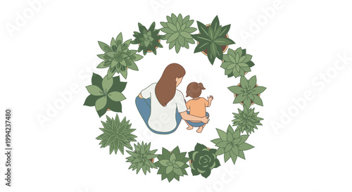 Mother and child embracing in a circle of lush green succulent plants, symbolizing growth, nature, and family love.