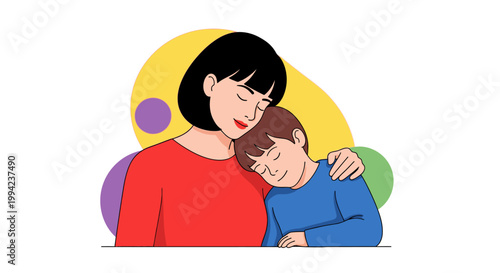 Loving mother hugging her sleeping son, gentle embrace, warmth and comfort, parental love, childhood innocence, family bond, tender moment, illustration