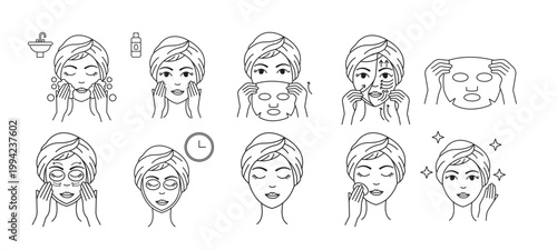 Skincare Outline Icons Facial Beauty Treatment Routine Set