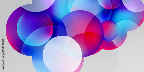 Abstract circles overlap, creating vibrant color blends. Gradient hues shift from purple, blue, pink, white against dark background.