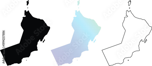 Oman Map Vector Set Featuring Solid Silhouette, Dotted Halftone Gradient, and Simple Line Outline Designs for Geographic and Infographic Use
