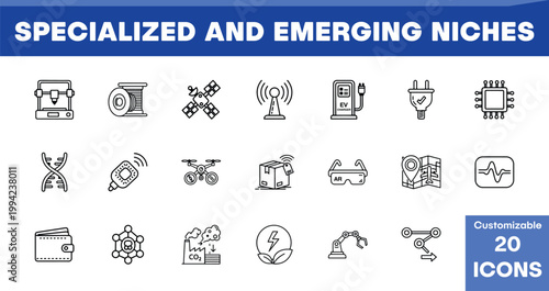 Specialized and Emerging Niches, 20 customizable line icons vector set. Modern technology, science, and industry outline symbols for digital projects, web, and app design.