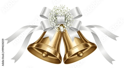 Golden wedding bells adorned with a lush white floral arrangement and flowing satin ribbons, symbolizing union and celebration