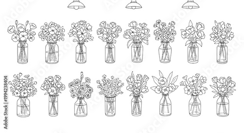 Flower bouquets in glass jars set, hand-drawn outline sketch with diverse blooms and decorative stems